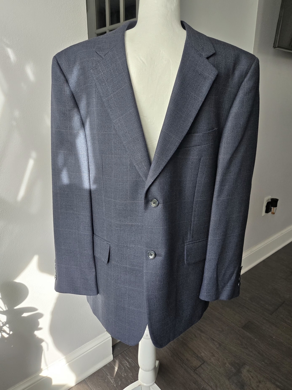 Jones New York 42S Blazer Sport Coat Silk Wool Blue Grey Orange Windowpane Plaid